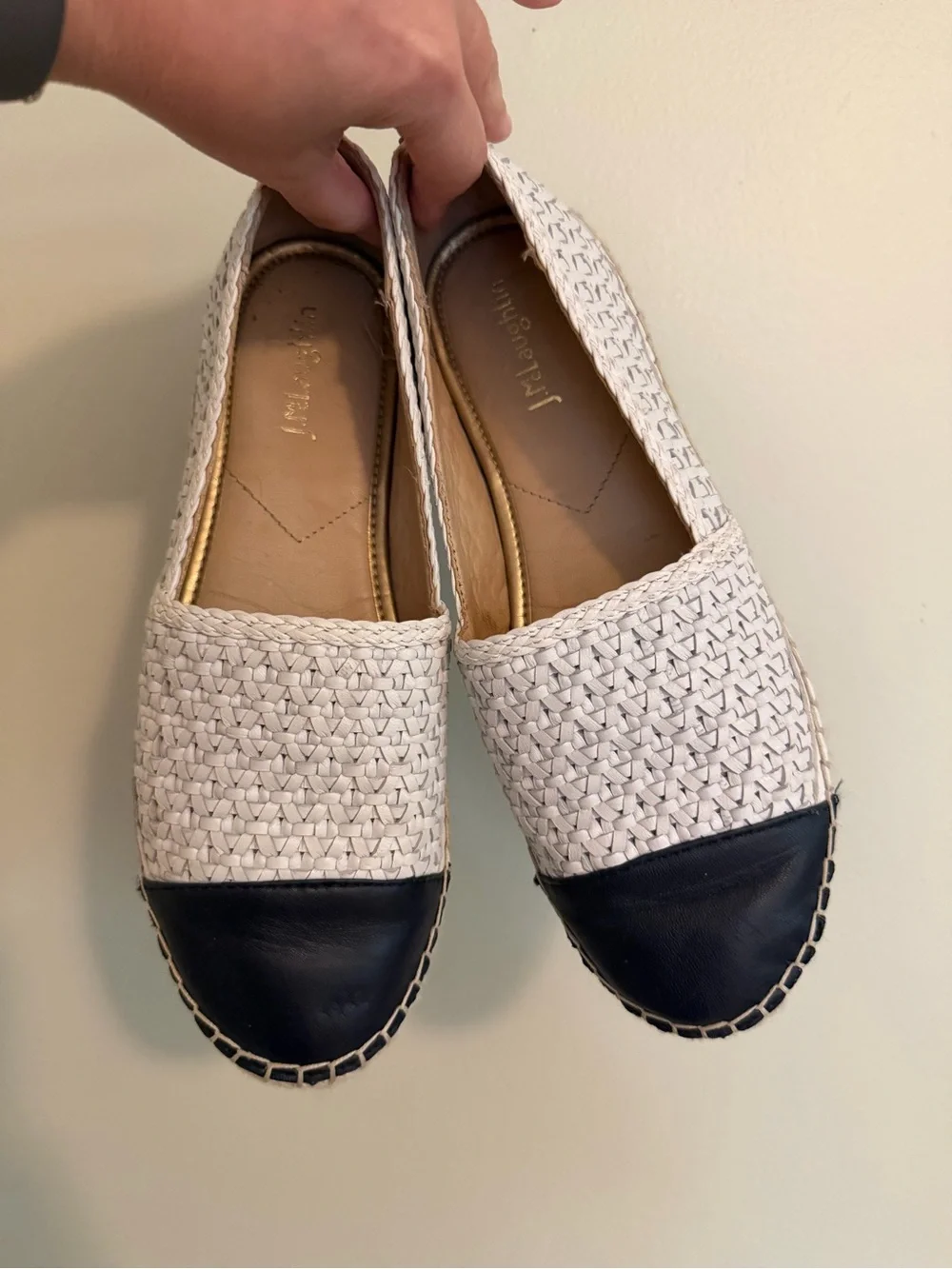 J McLaughlin Woven Espadrille Slip-On Flats in White and Black | size 8.5